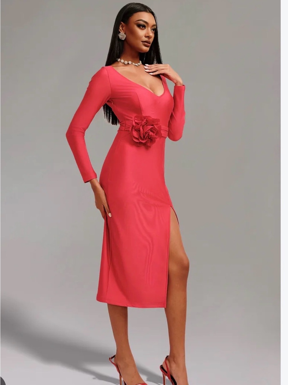 Feminine Rose Midi Dress with Floral Waist Accent